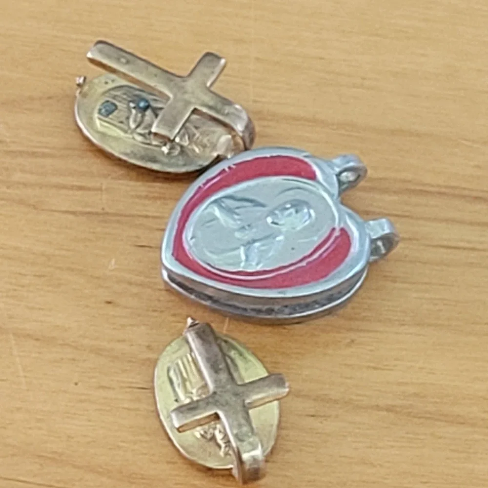Vintage Religious Medal Charm Pin Lot Cross Saint Heart Pendant 3 Pcs